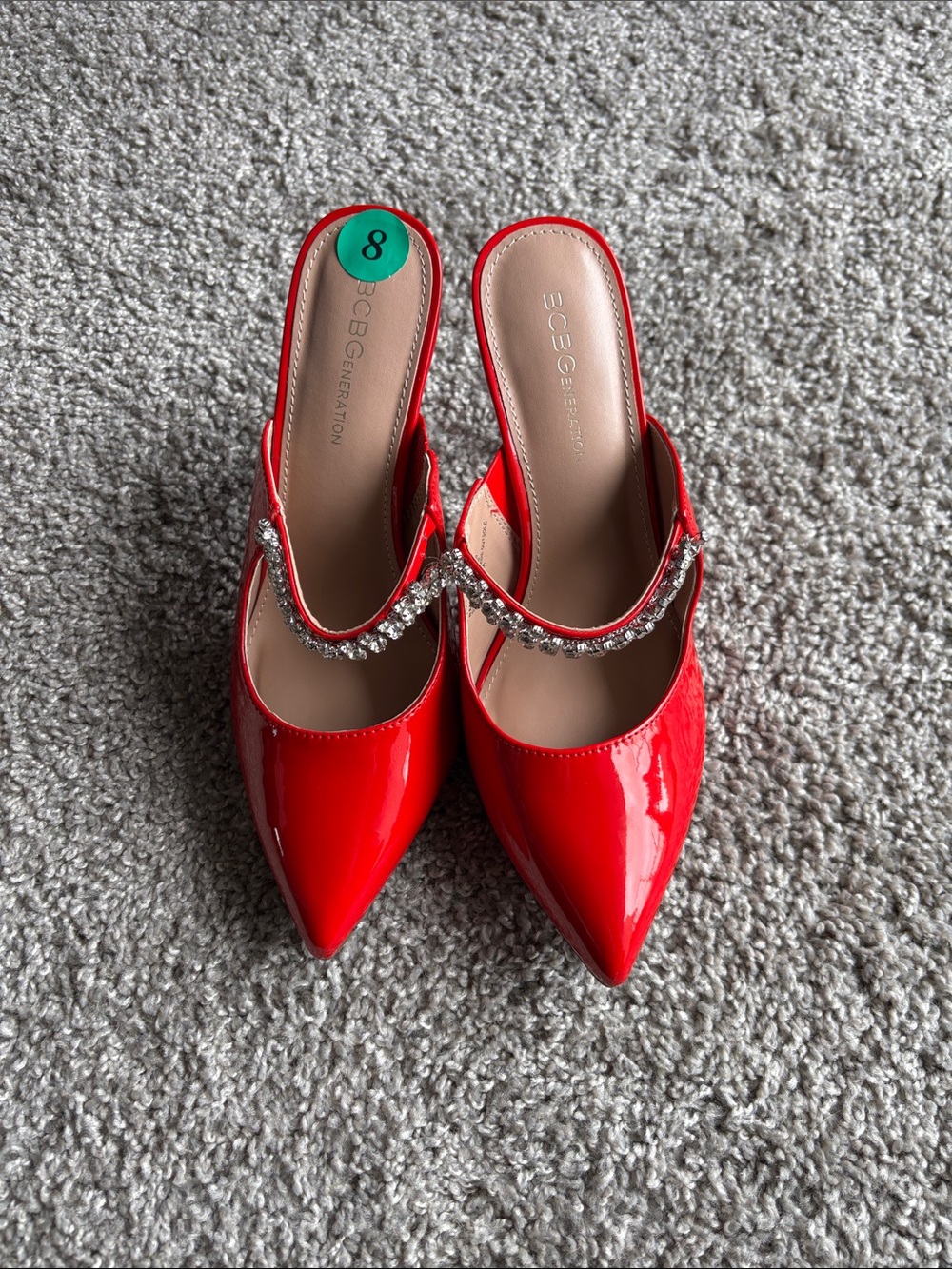BCBGeneration Red Patent Pointed Mules with Crystal Chain